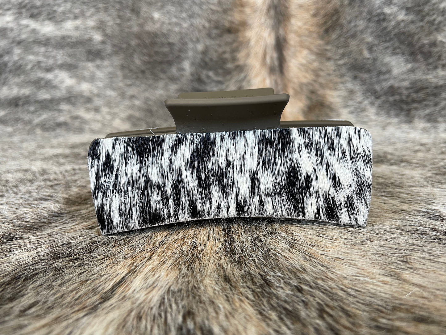 4” Dark chocolate Hair Clip with Salt & Pepper Hair On Cowhide