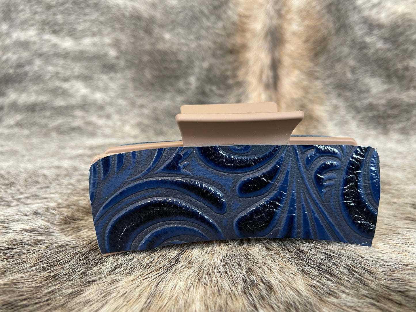 4” Mocha Hair Clip with Navy Floral Leather