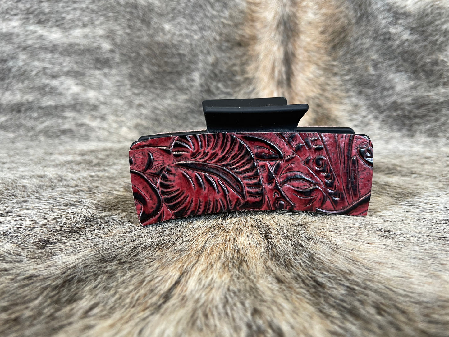 4” Black Hair Clip with Red Floral Leather