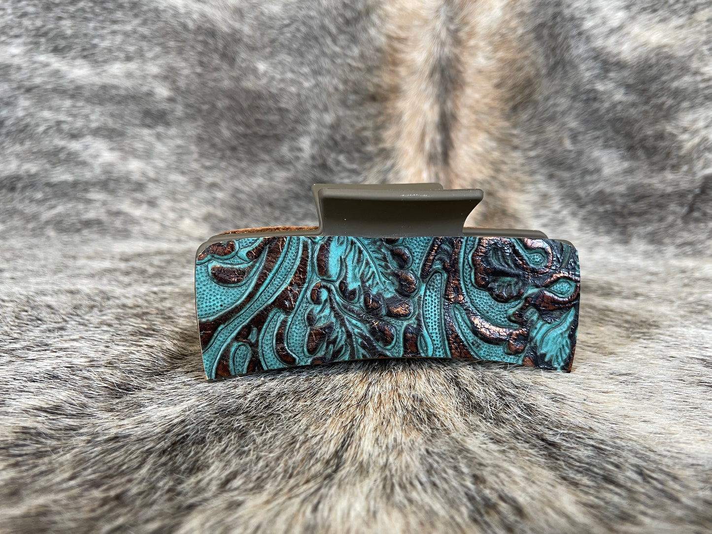 4” Dark Chocolate Hair Clip with Turquoise Floral Leather